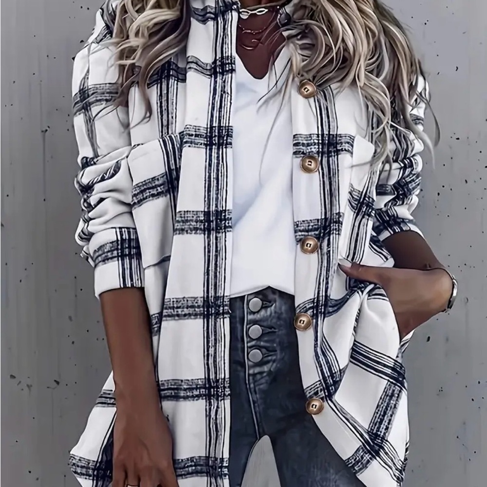 White & Black Plaid Button Front Shacket